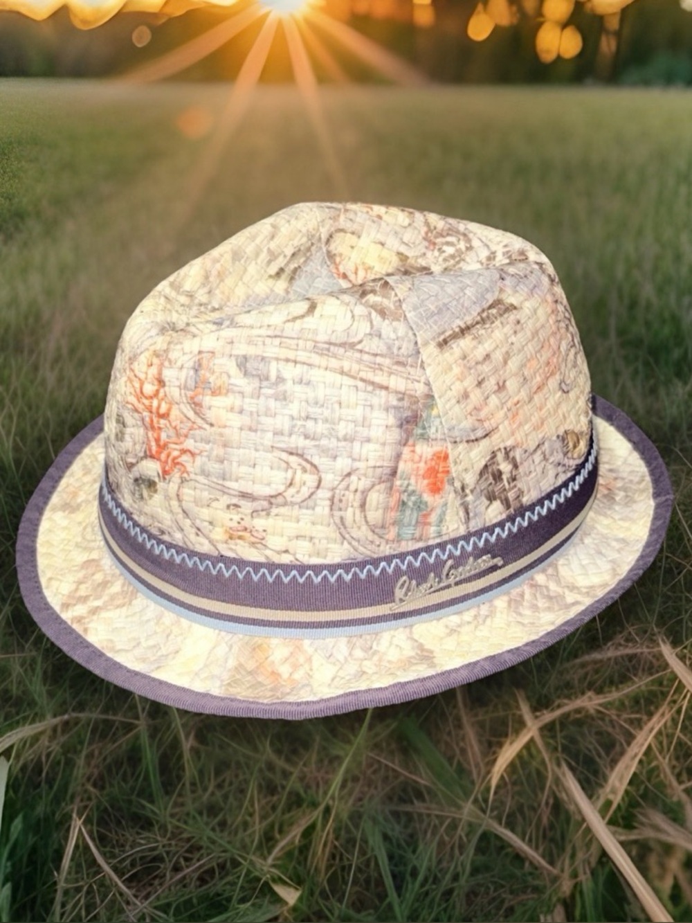 Robert Graham Mens Straw Fedora Hat Multicolor Abstract Print Keep Smiling